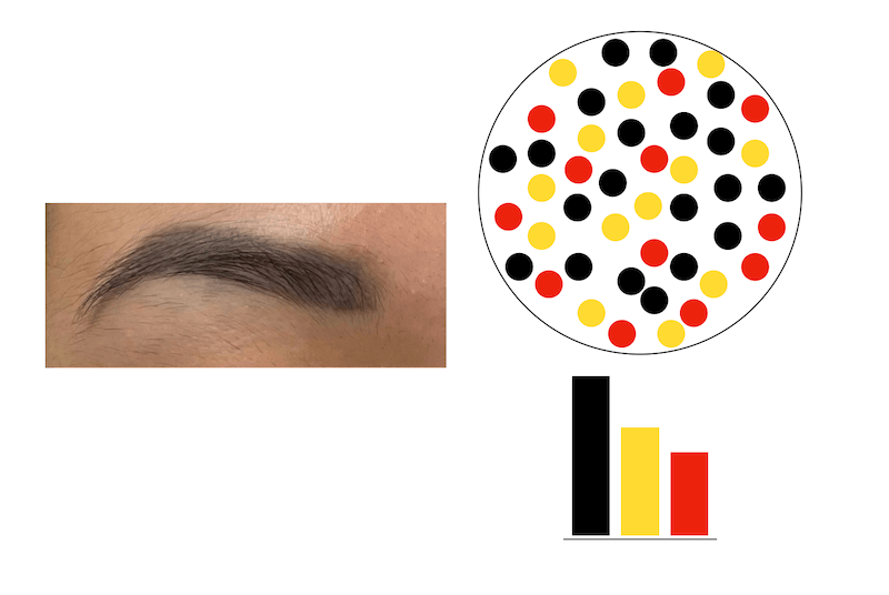 Infographic explaining ink composition and color changes leading to yellow eyebrows in PMU.